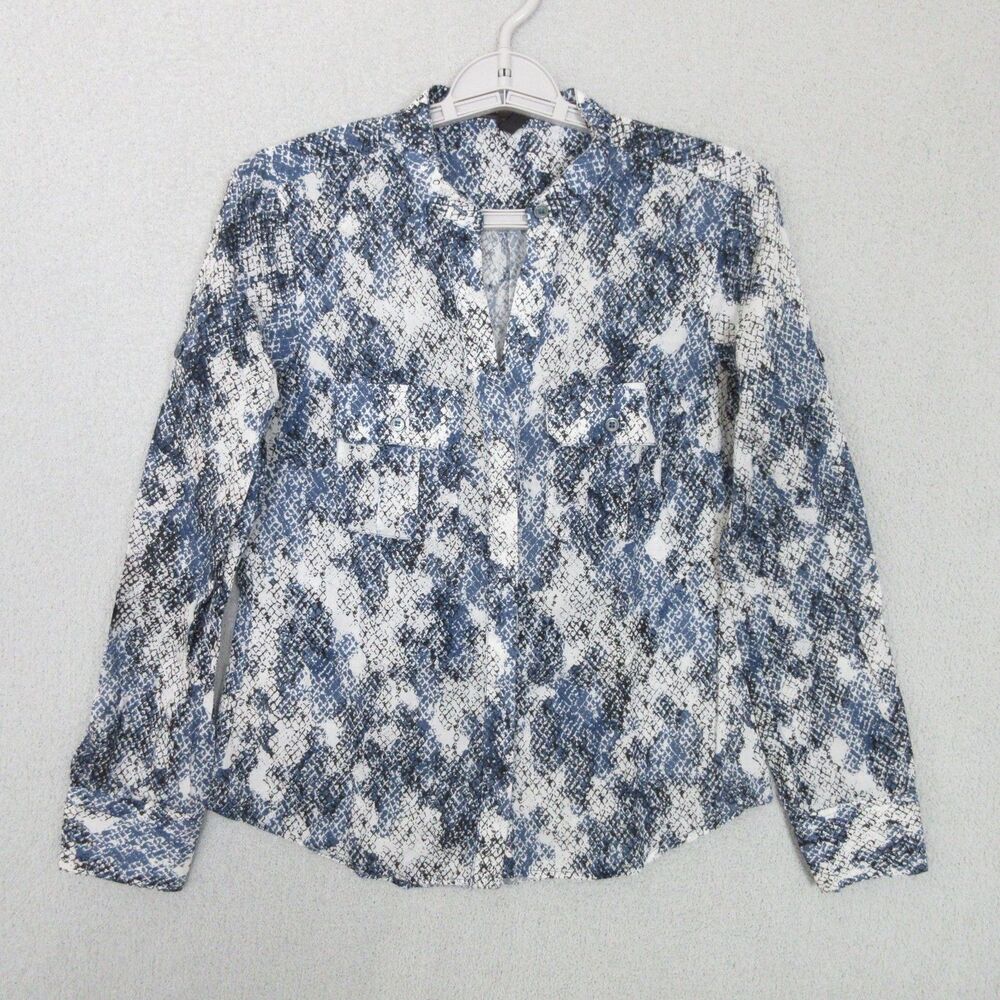 BCBGMAXAZRIA Blouse Womens‎ XS Blue White Abstract Print Long Sleeve Cotton